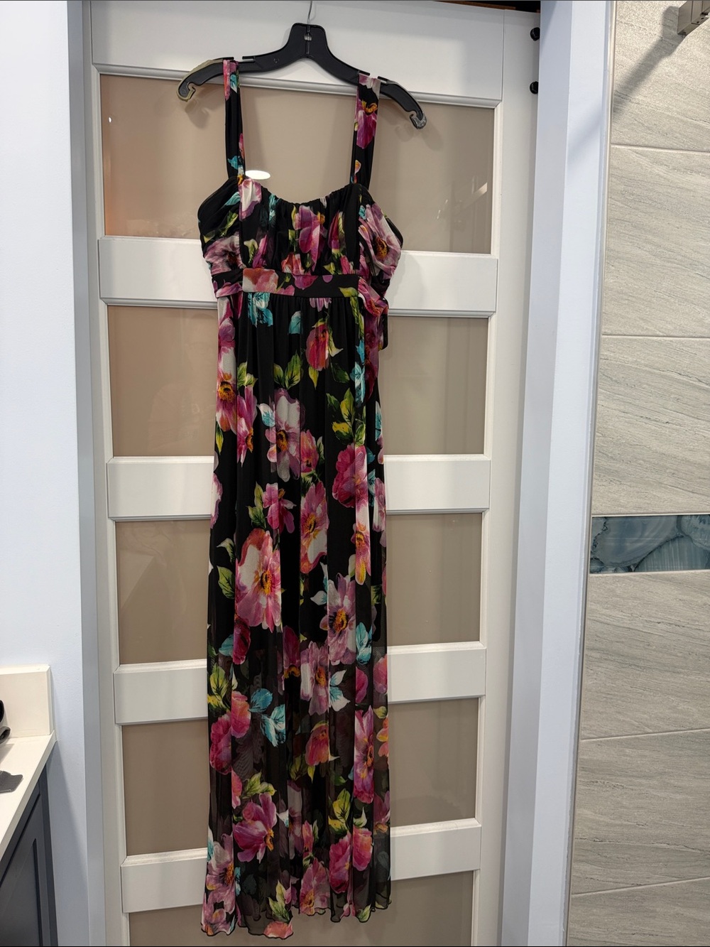 connected apparel Black Maxi Dress with Pink Floral and Teal Accents
